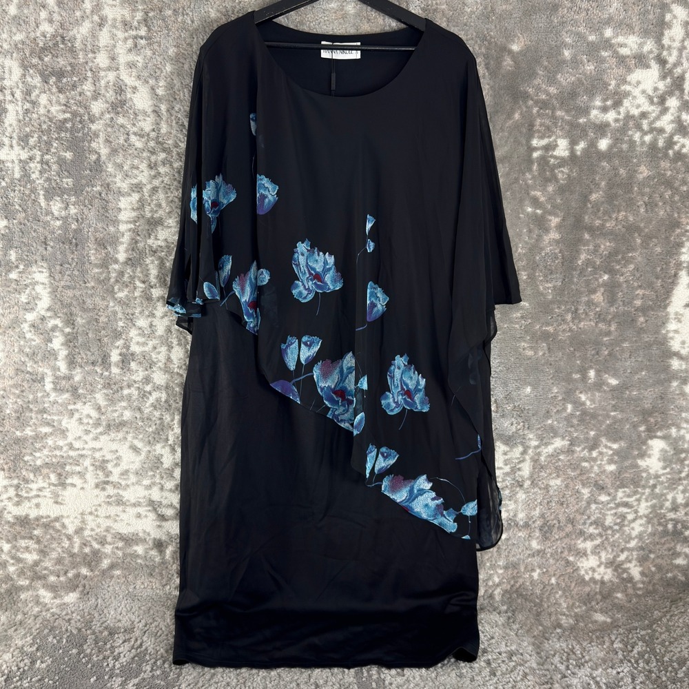 New Hanna Nikole Plus Size 24W Floral Overlay Chiffon Cape Sheath Dress Black